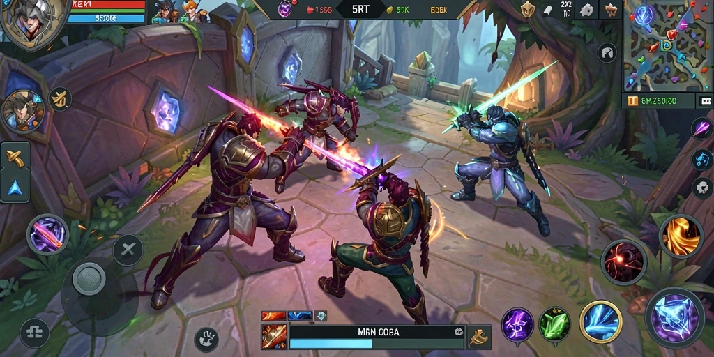 Screenshot gameplay MOBA 5RT dengan pertarungan seru antar tim.