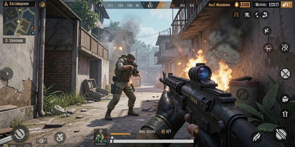 Screenshot gameplay EOS77 yang menunjukkan aksi mendebarkan di medan perang.