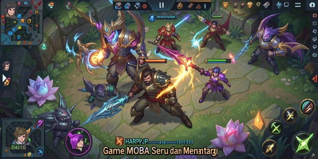 Screenshot gameplay HARAPJP menampilkan pertarungan seru di arena MOBA.