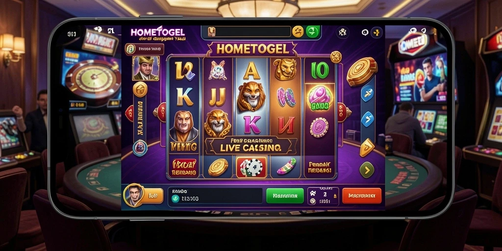 Screenshot gameplay <strong>HOMETOGEL</strong> yang menampilkan dealer profesional dan suasana kasino langsung.