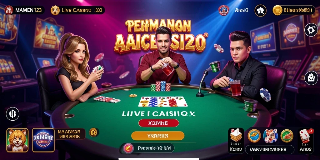 Screenshot gameplay MAMEN123 menampilkan dealer langsung dan suasana kasino yang nyata.