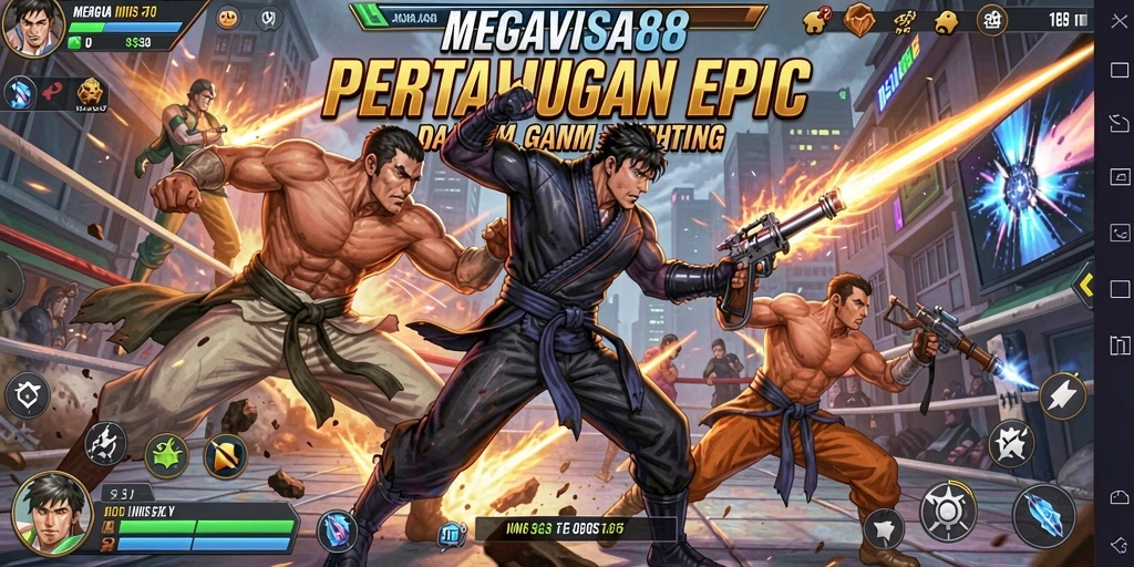 Gameplay menegangkan dengan pertarungan karakter di arena.