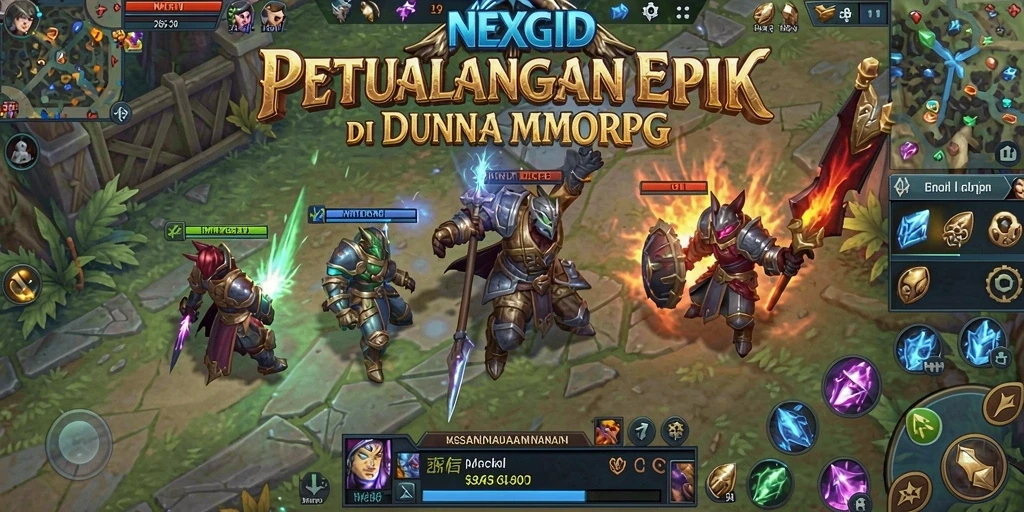 Screenshot gameplay NEXGID dengan karakter beraksi di medan perang MMORPG.