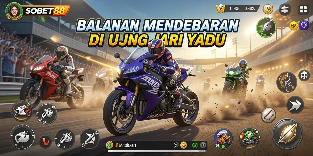 Tangkapan layar menampilkan aksi balapan motor yang mendebarkan.