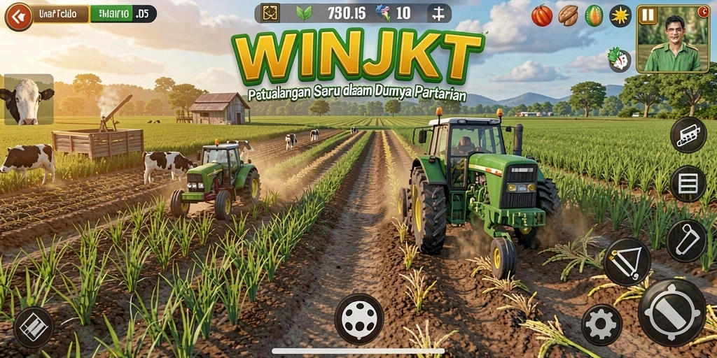Screenshot gameplay WINJKT menunjukkan keindahan pertanian yang dinamis.