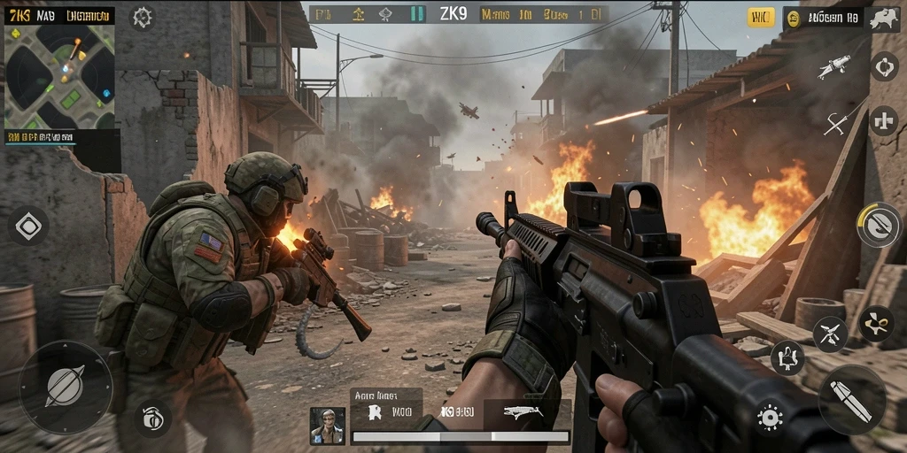 Screenshot ZK9 menampilkan aksi intens dalam permainan FPS.